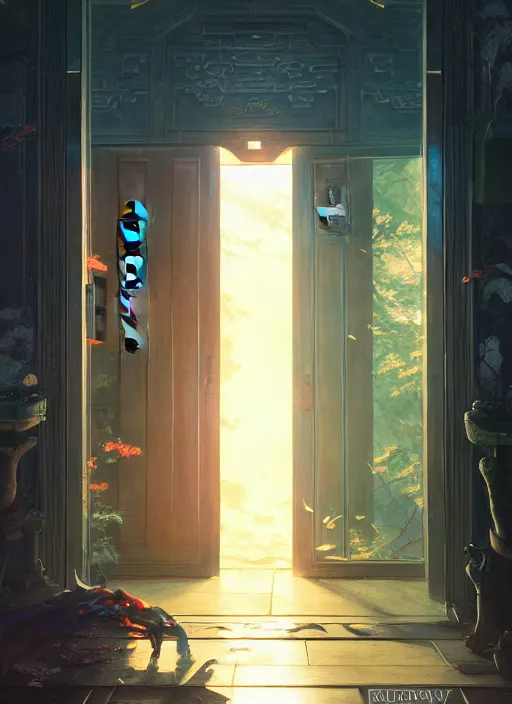 Prompt: Highly detailed and reflective chinese door, Stephen Bliss, unreal engine, fantasy art by Greg Rutkowski, Loish, Rhads, Makoto Shinkai and Lois van baarle, ilya kuvshinov, rossdraws, Tom Bagshaw, global illumination, radiant light, detailed and intricate environment