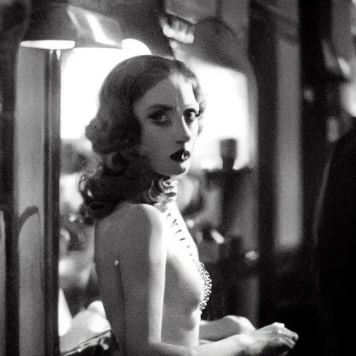 Prompt: film noir bath bar, crowds of people, she arrived in a crystal dress