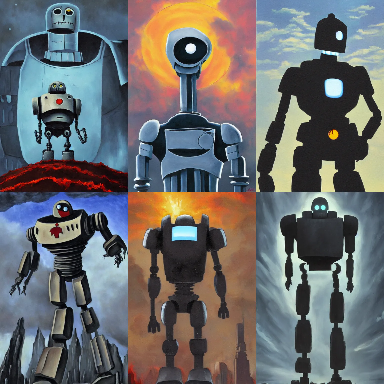 Prompt: a dramatic painting of the Iron Giant