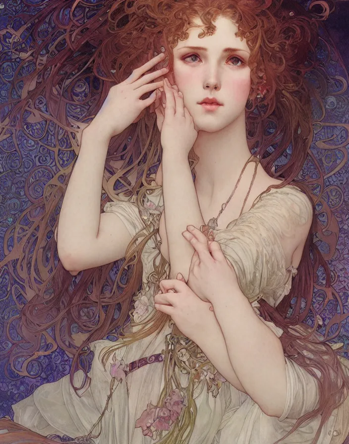 Prompt: Realistic detailed full portrait of a sensual Violet Evergarden by Alphonse Mucha, WLOP, Ayami Kojima, Amano, Charlie Bowater, Karol Bak, Greg Hildebrandt, Jean Delville, and Mark Brooks