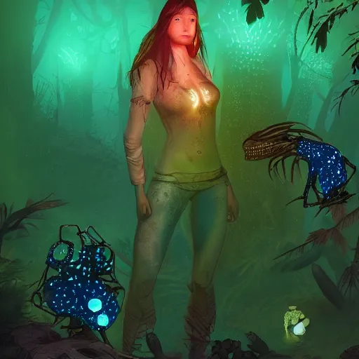 Prompt: a rugged adventurer, she is surrounded by bioluminescence in a glowing alien jungle, fantasy