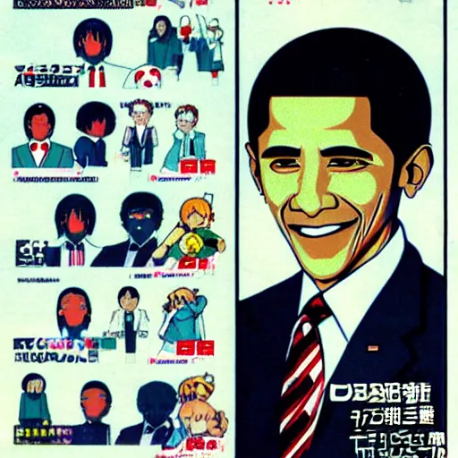 Image similar to japanese magazine advert for obama anime, 1 9 8 5