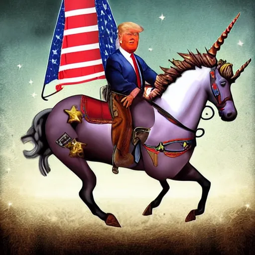 Prompt: Trump dressed as a cowboy riding a unicorn into a medieval battle against Nancy Pelosi, Digital Art