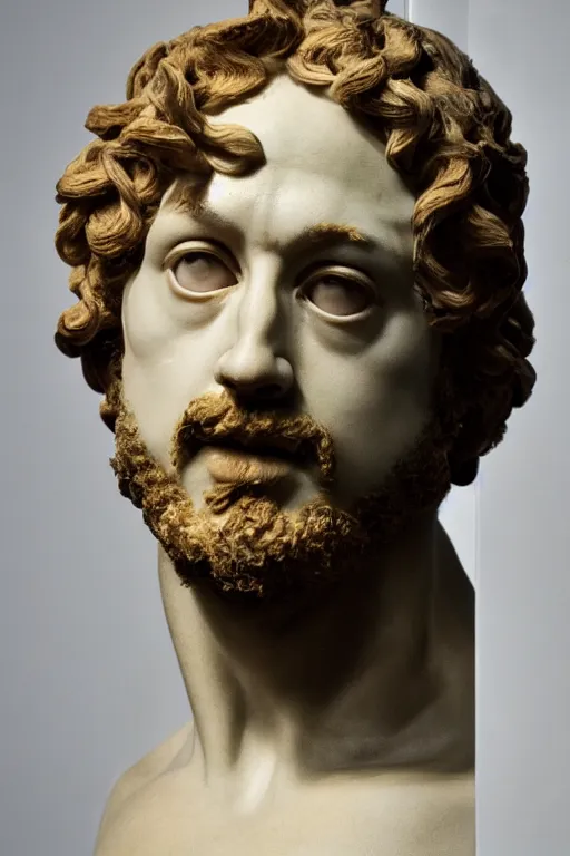 Prompt: Sam Hyde sculpted as a Greek God by Michaelangelo, sigma male, rule of thirds, close up, award winning photo, highly detailed features, unreal engine, studio lighting, set in Greek museum