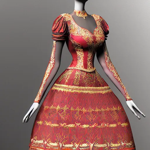 Image similar to ornate serbian traditional dress, fashion design, dress display, hyperrealistic, rendered 4 k, full view