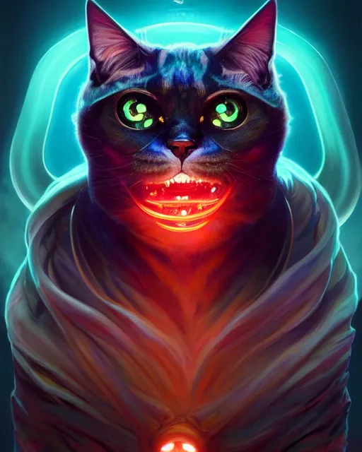 Image similar to one singular portrait of a bioluminescent cat creature with big glowing eyes, highly detailed, digital painting, cinematic, hyper realism, dark retrowave, art by Stanley Lau and Artgerm and magali villeneuve and Alphonse Mucha, artstation, octane render, cgsociety