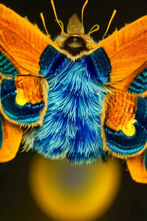 Image similar to high quality close-up photo art deco puss moth caterpillar! gorgeous highly detailed hannah yata elson peter cinematic blue lighting high quality low angle hd 8k sharp shallow depth of field