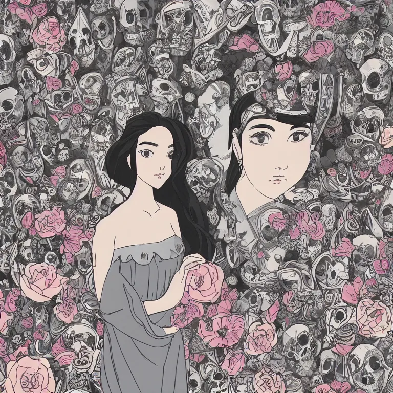 Image similar to young goddess, beautiful symmetrical face detailed face, realistic proportions, wearing a dark grey dress, peering from behind an enormous conical pile of skulls with flowers in the background, lush painting in the style of studio ghibli