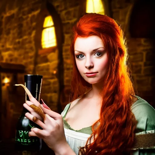 Image similar to beautiful bar maid with auburn hair and green eyes, in a medieval tavern at night, dramatic, cinematic, filmic