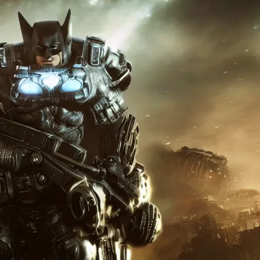 Image similar to Albert Einstein as Batman in Gears of War, splash art, movie still, detailed face, cinematic lighting, dramatic, octane render, long lens, shallow depth of field, bokeh, anamorphic lens flare, 8k, hyper detailed, 35mm film grain