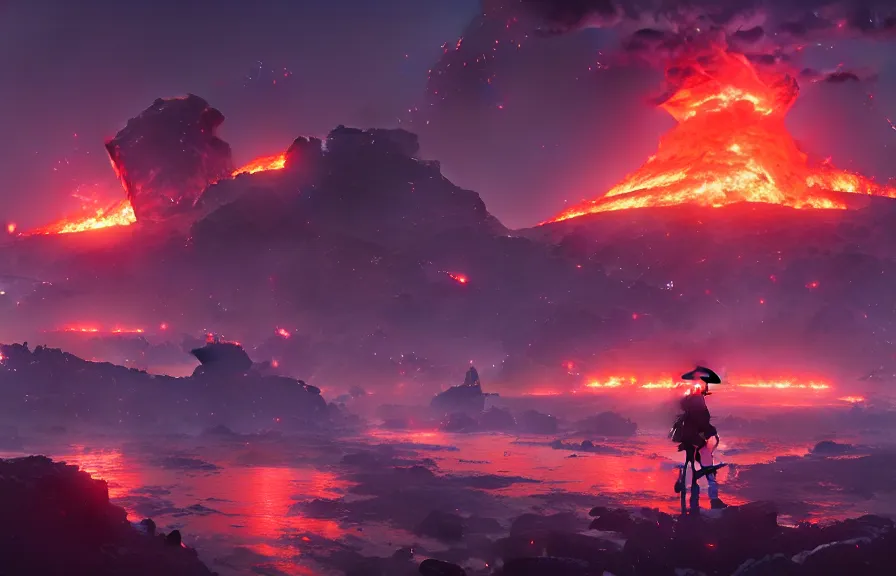 Image similar to makoto shinkai concept art of the lava bomb dimension, key visual, ambient lighting, highly detailed, digital painting, artstation, concept art, sharp focus, by makoto shinkai and akihiko yoshida and hidari and wlop and greg rutkowski