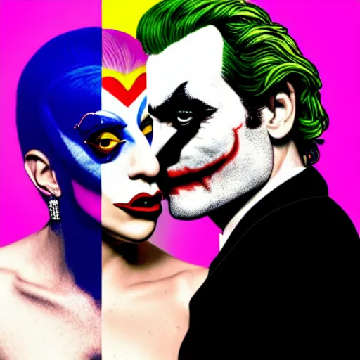 Image similar to richard hamilton and mimmo rottela as lady gaga harley queen and joaquin phoenix joker kissing, pop art, 2 color, left and right align separate, object details, dynamic composition, 4 k, ultra realistic art, smooth, sharp focus, full body portrait, illustration, concept art, intricate details, h 7 6 8