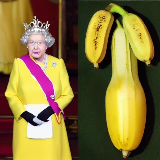 Image similar to queen elizabeth as a banana, she is a big ripe banana.