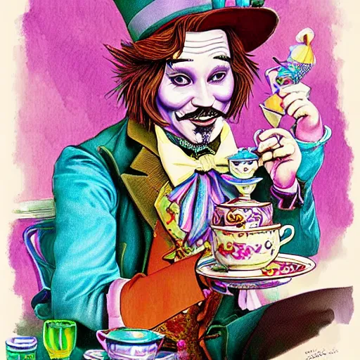 Image similar to whimsical pixar Johnny Depp drinking tea in alice in wonderland Willy Wonka's Chocolate Factory, Illustration, Colorful, insanely detailed and intricate, super detailed, by Lulu Chen