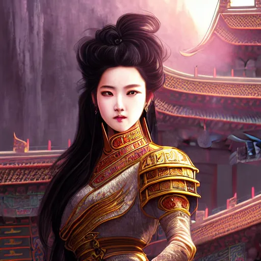 Image similar to portrait black hair young knights of Dynasty Warriors girl, rose golden color armor, in ruin chinese palace rooftop sunrise, ssci-fi and fantasy, intricate and very beautiful and elegant, highly detailed, digital painting, soft light, artstation, concept art, smooth and sharp focus, illustration, art by tian zi and WLOP and alphonse mucha