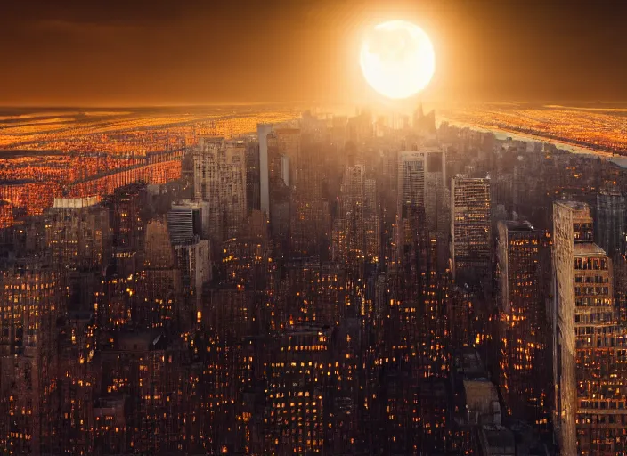 Image similar to film still of the moon shattering into pieces over manhatten in the new disaster movie, 8 k, night time