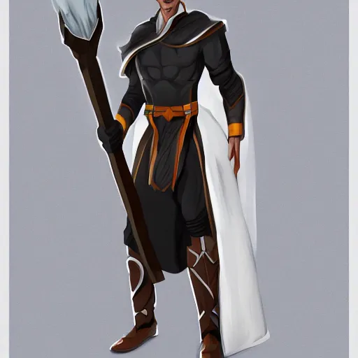 Image similar to thunder man, storm, lightning, spell, staff, white robe, hallway, artstation