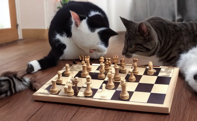 Image similar to cat playing chess against a dog