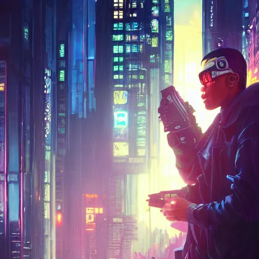 Image similar to cyberpunk, closeup portrait of a juice wrld, dramatic light, city background, sunset, dystopian setting, high contrast, sharp, neuromancer, henry dorsett case, painted by stanley lau, painted by greg rutkowski, painted by stanley artgerm, digital art, trending on artstation