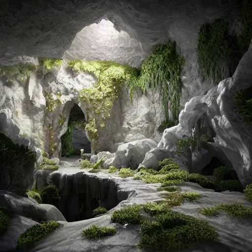 Image similar to overgrown cave made of white paper, crystal lighting, mystical, hyperrealistic, 4 k, unreal engine, highly detailed, dramatic lighting, magical,