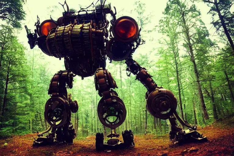 Prompt: steampunk colossal mech battlerobot standing a swedish forest very low angle photograph trending on artstation