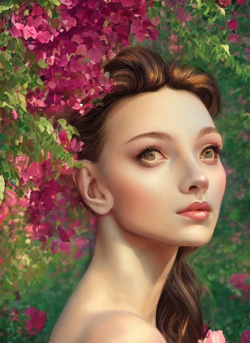 Image similar to stunningly beautiful face, prima ballerina in rose garden, symmetrical face, tutu, golden hour, smooth, focus, highly detailed, hyper realistic, ray tracing, dramatic lighting, elegant, intricate, concept art, art by wlop, mars ravelo, greg rutowski, artstation