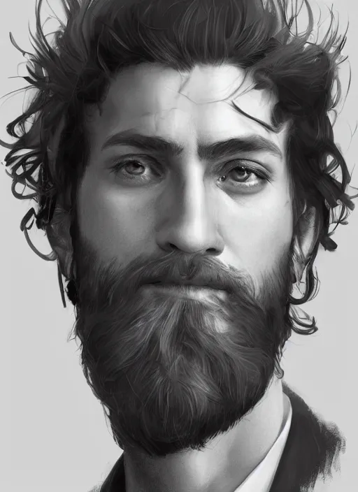 Prompt: portrait of Ernest Khalimov, thinking pose, sigma male, gigachad, medium black hair, Nordic crown, black luxurious suit, fantasy, elegant, realistic, highly detailed, digital painting, artstation, concept art, smooth, sharp focus, illustration, art by artgerm and greg rutkowski and alphonse mucha, black and white, devoid of color