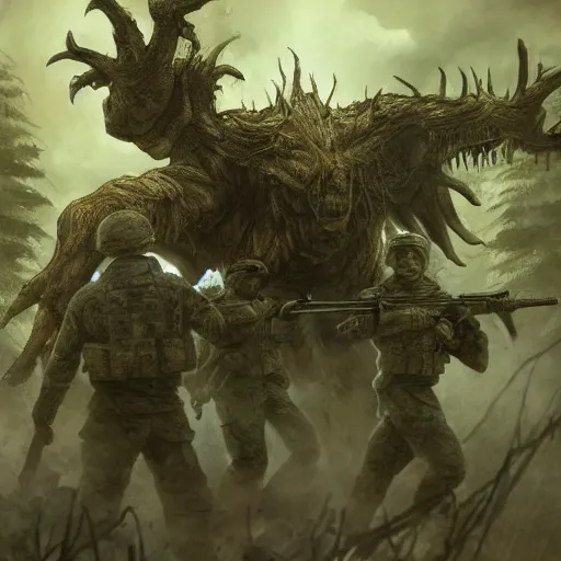 Image similar to found footage of a soldier and his squad fighting an unidentified monster, horror, dark, realistic style, concept art, trending, forest, first person view, high detail, high resolution