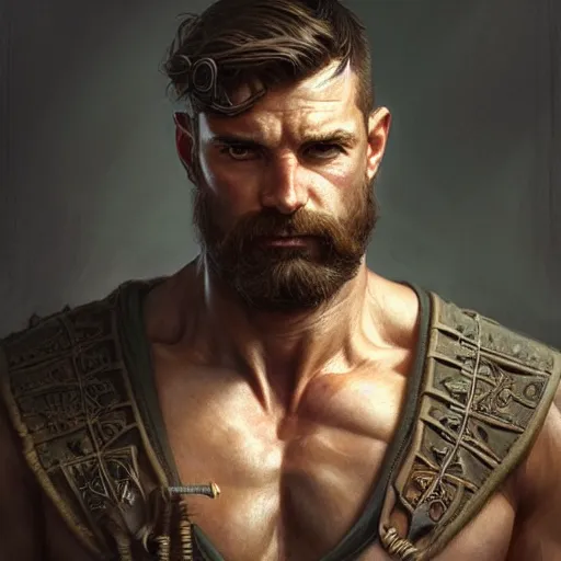 Image similar to portrait of a rugged ranger, muscular, upper body, D&D, fantasy, intricate, elegant, highly detailed, digital painting, artstation, concept art, matte, sharp focus, illustration, art by Artgerm and Greg Rutkowski and Alphonse Mucha