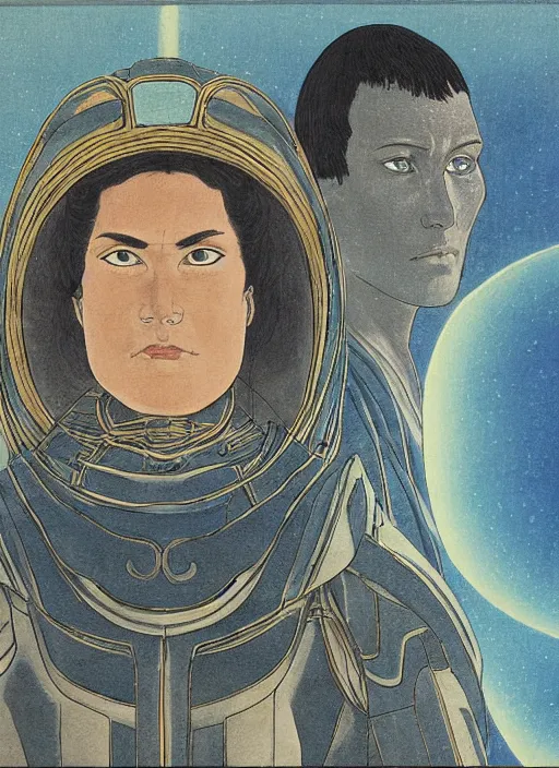 Image similar to portrait of emperor paul atreides and chani, dune, husband and wife, only 2 people, bright blue eyes, scifi, detailed, awe - striking, pious, space opera, in the style of yamato - e, traditional japanese painting, tosa school, tosa mitsuoki, tosa mitsunobu, iwasa matabei