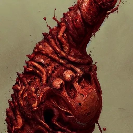 Image similar to scifi art by Greg Rutkowski, hideous monster made of twisted human flesh and reddish ooze, lumpy bloated upper body with elongated and sharp limbs, small head like a ball with two empty holes for eyes, only human beings are its legs, vicious appearance, scifi, space horror, digital painting, artstation, concept art, smooth, sharp foccus ilustration, Artstation HQ.