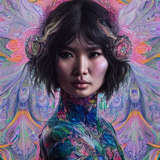 Prompt: portrait of gemma chan, hyper detailed masterpiece, neon floral pattern, jean giraud, digital art painting, darkwave goth aesthetic, psychedelic, artgerm, donato giancola and tom bagshaw