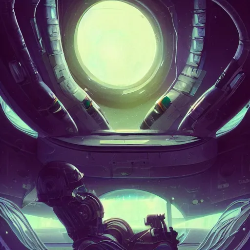 Image similar to An alien looking out of a window in space on a spaceship, collaborative illustration illustrated by Greg Rutkowski and Anton Fadeev, sci-fi art, photorealistic details, intricate details, 4k, 8k.