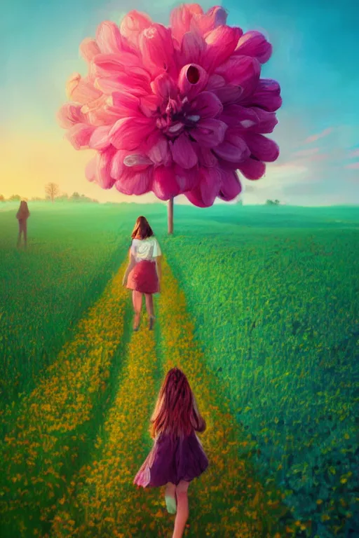 Image similar to giant flower head, girl walking in a flower field, surreal photography, sunrise, dramatic light, impressionist painting, colorful clouds, digital painting, artstation, simon stalenhag