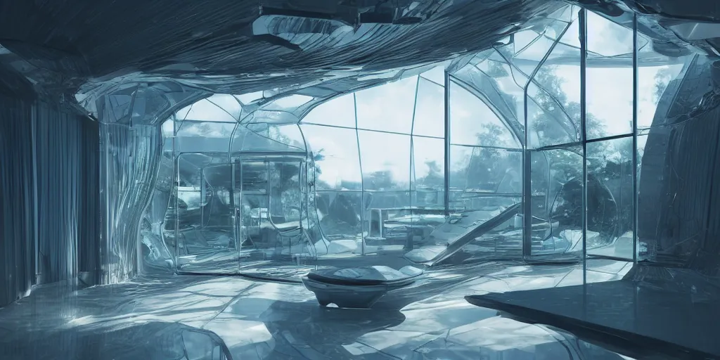 Prompt: futuristic glass house 3 d concept art, cinematic lighting, intricate details, octane rendering, trending on artstation, featured on behance, 4 k