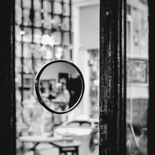 Image similar to photograph of mirror on a vintage shop, inside the mirror a reflection of an old lady smiling, black and white, 3 5 mm