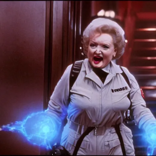Image similar to stunning awe inspiring betty white as a ghostbuster in the movie ghostbusters, movie still 8 k hdr atmospheric lighting