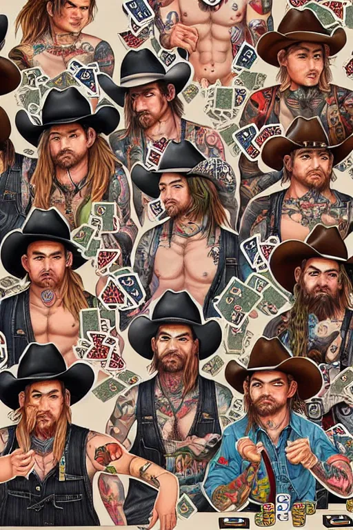 Prompt: full view, from a distance, of cowboys with tattoos, in the saloon playing card games, style of yoshii chie and hikari shimoda and martine johanna, highly detailed