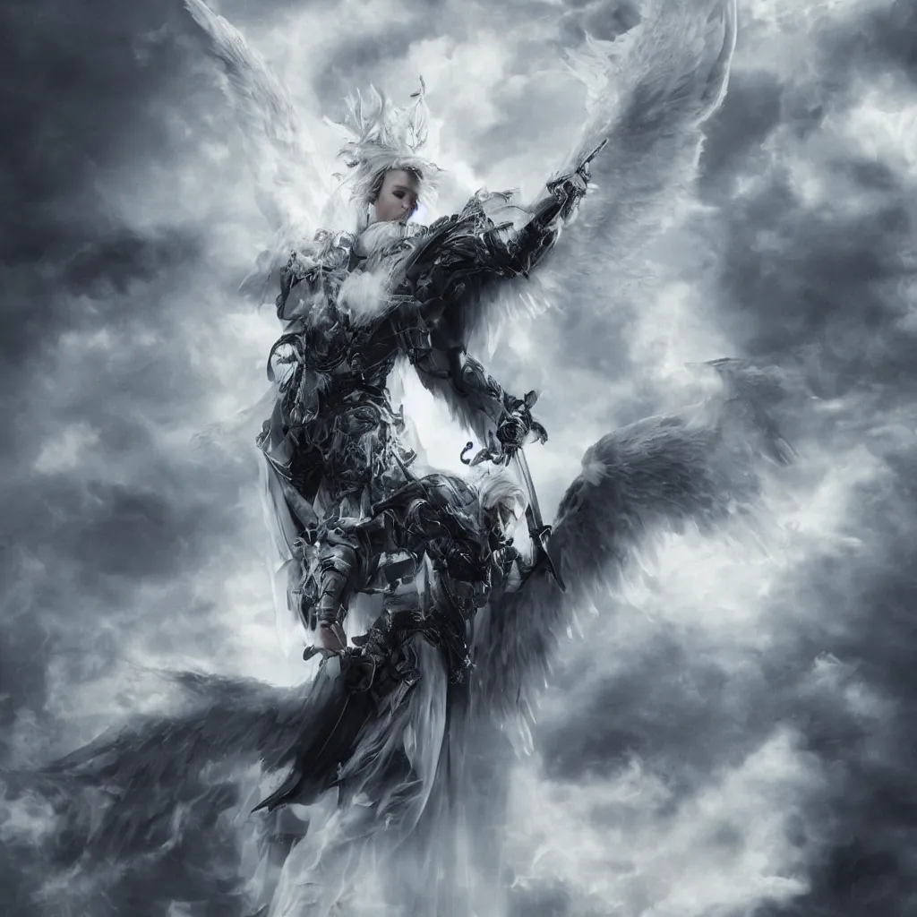 Prompt: a powerful menacing angel in focus with huge white wings, white hair, pale skin, knighted armor and sword levitating and surrounded by a cloud of black smoke. ultra - realistic, 8 k, detailed.