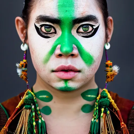 Image similar to minimalist photography portrait of aloy, an elaborately adorned female shaman warrior, face paint, symmetrical, super close up, mid thirties, cute round green slanted eyes, porcelain skin, wide nostrils, chubby cheeks, high flat eyebrows, ethereal essence, angelic, leica 1 0 0 mm f 0. 8