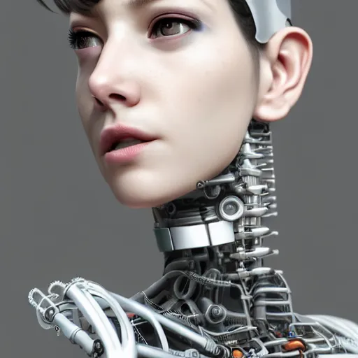 Image similar to Forward-facing Perfectly-Centered Half-body-Portrait of a Mechanical Cyberpunk Female Android standing straight, intricate, elegant, super highly detailed, professional digital painting, artstation, concept art, smooth, sharp focus, no blur, no dof, extreme illustration, Unreal Engine 5, Photorealism, HD quality, 8k resolution, cinema 4d, 3D, beautiful, cinematic, art by artgerm and greg rutkowski and alphonse mucha and loish and WLOP