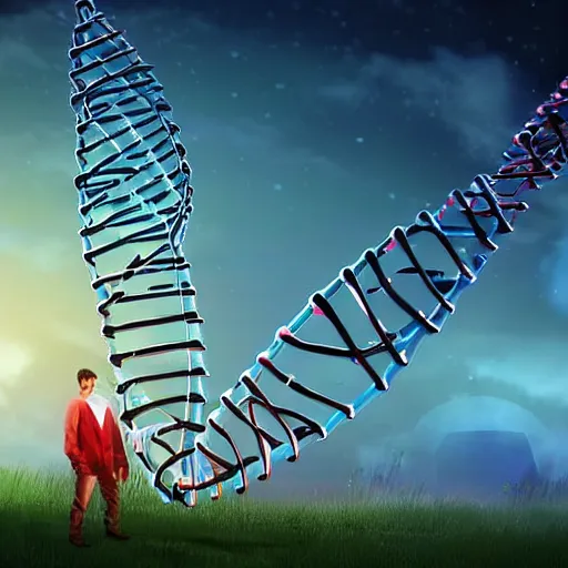 Image similar to in a field, two scientists in lab coats encounter a monster shaped like the DNA double helix, digital art