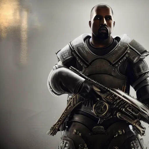 Prompt: kanye west as the pope in gears of war battlefield 5, splash art, movie still, cinematic lighting, dramatic, octane render, long lens, shallow depth of field, bokeh, anamorphic lens flare, 8 k, hyper detailed, 3 5 mm film grain