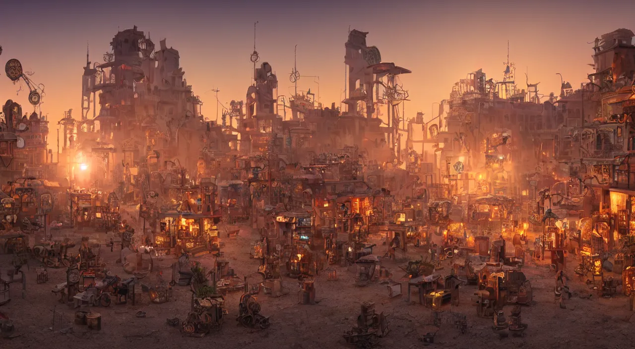 Prompt: a steampunk village in the desert at sunset, suns rays, junk everywhere, neon signs, magical atmosphere, mist, photo realistic, 35mm, octane render, 8k, guido borelli da caluso