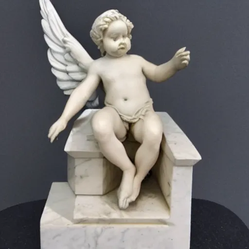 Image similar to marble angel statue with puffed cheeks breathing fire, realistic