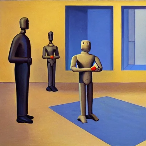 Image similar to human workers being reprogrammed at a mind control center, robot guards, grant wood, pj crook, edward hopper, oil on canvas