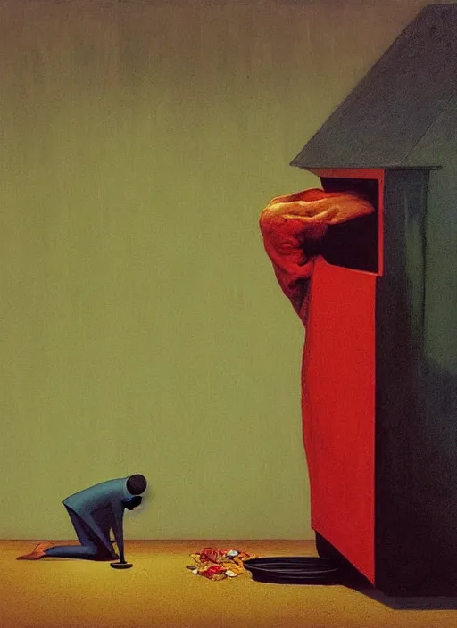 Image similar to magician with a trash over his head praying to a trash bin Edward Hopper and James Gilleard, Zdzislaw Beksinski highly detailed