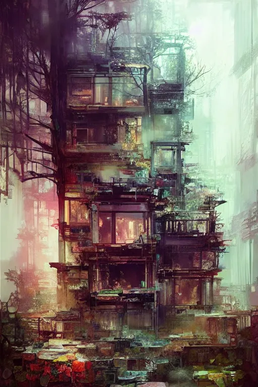 Prompt: (((((a ramshackle Manhattan brick brownstone deep in the forest))))) by Wenjun Lin!!!!!!!!!!!!!!!!!!!!!!!!!!!