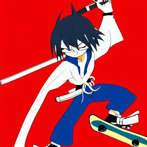 Image similar to skater character with katana in hands, cartoon stylised proportions by hiroyuki imaishi gainax studio trigger and yoh yoshinari animation art