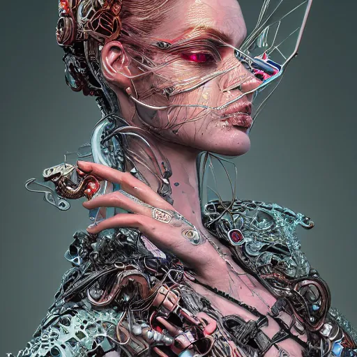 Image similar to the portrait of an absurdly beautiful, graceful, elegant, sophisticated, fashionable cyberpunk gravure idol, an ultrafine hyperdetailed illustration by kim jung gi, irakli nadar, vania zouravliov, intricate linework, bright colors, porcelain skin, unreal engine 5 highly rendered, global illumination, radiant light, detailed and intricate environment